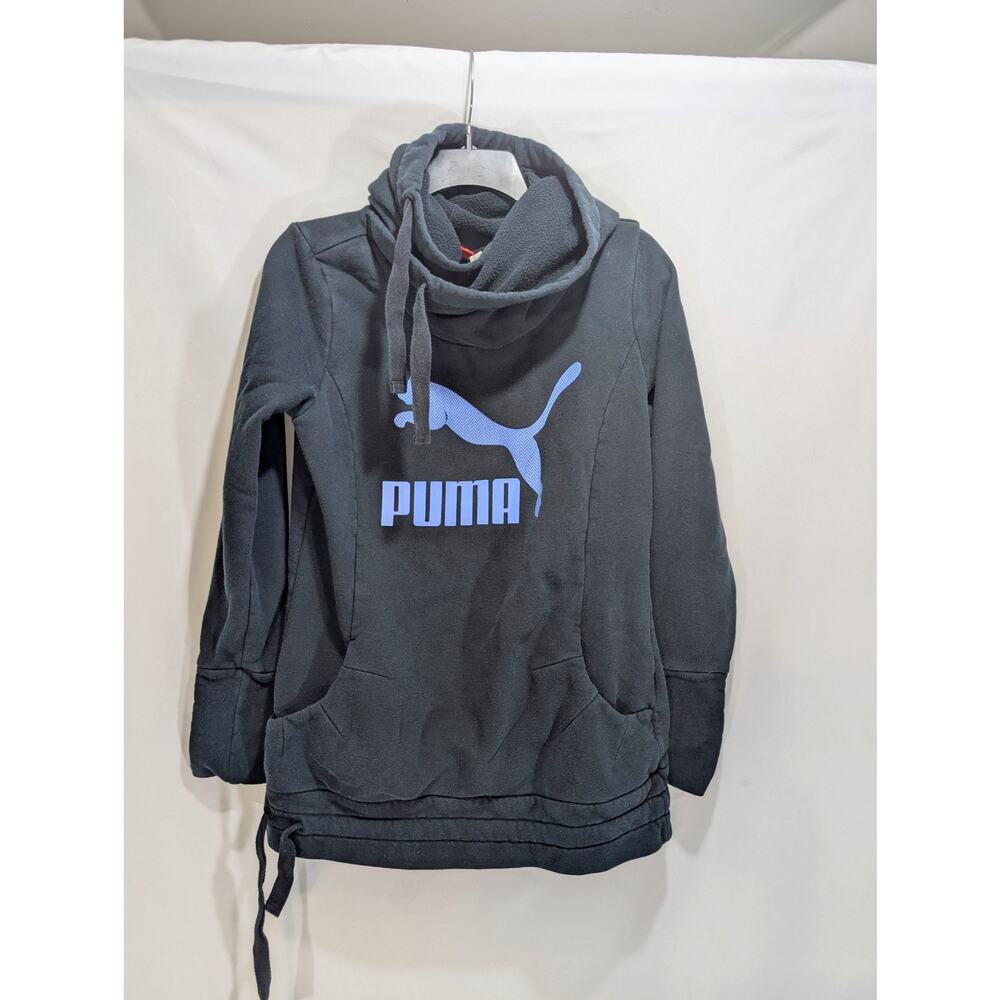 Puma Women’s Hoodie Size M Black Funnel Neck with Blue Logo, Drawstring